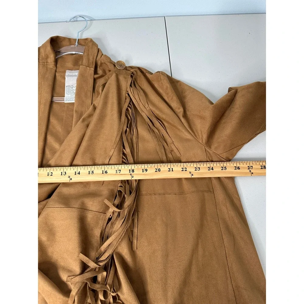 Chicos Faux Suede Fringe Wrap Jacket Cognac Brown Size 3 XL 16/18 Western Boho